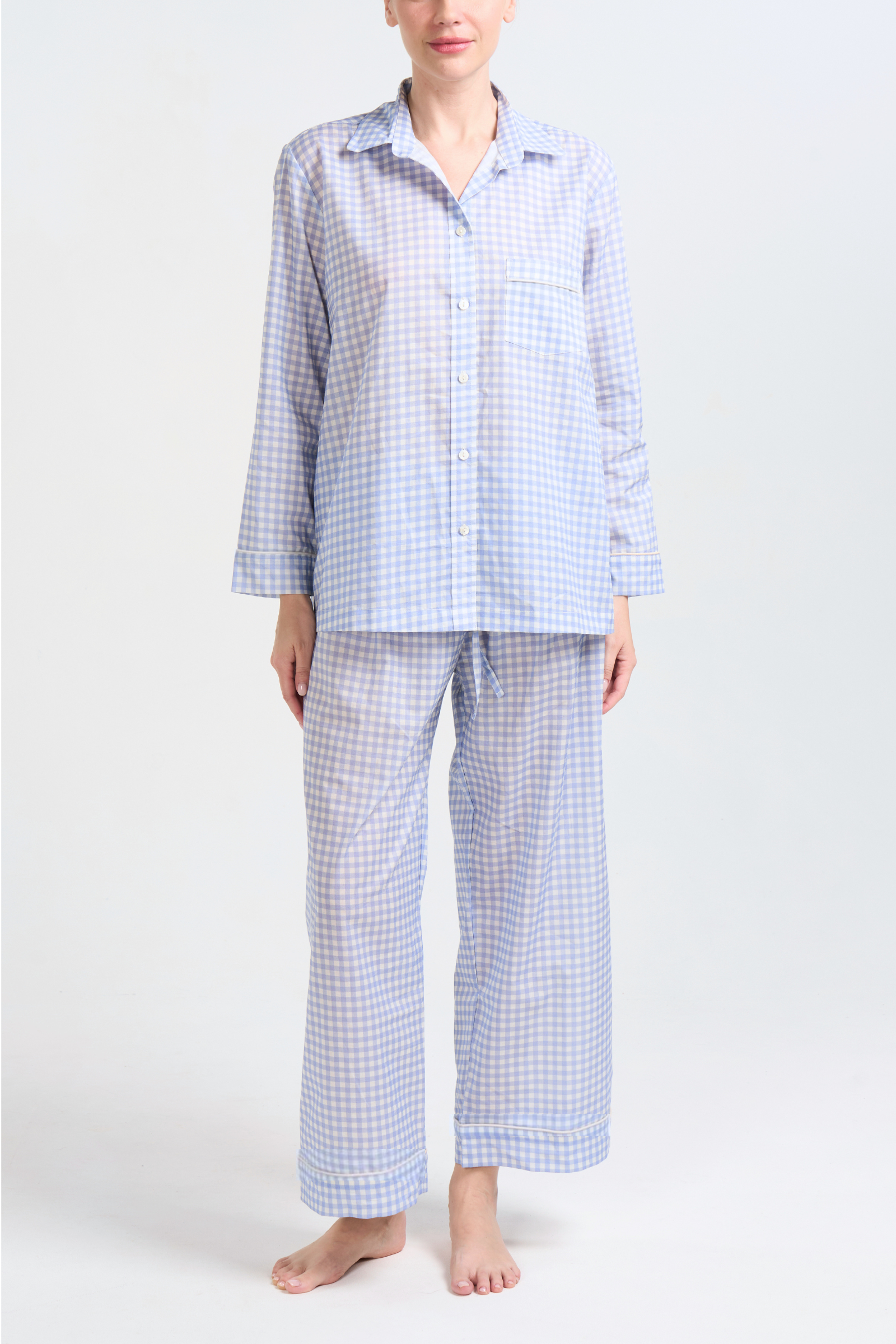 Long Sleeve Pajama Set - Blue Gingham Piped in Cream