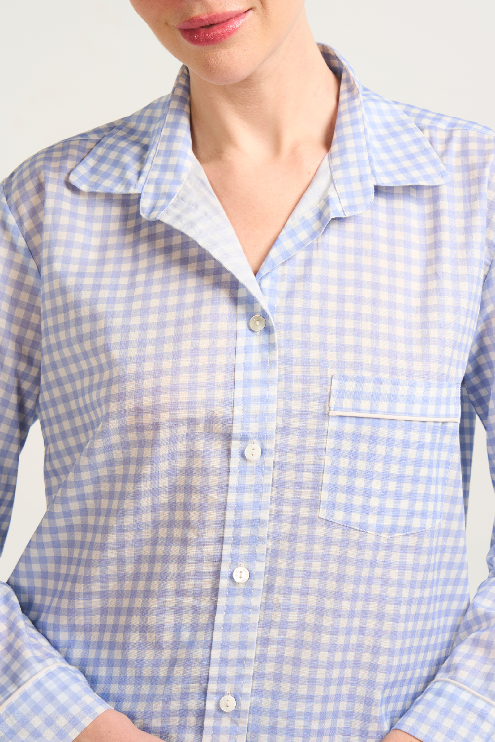 Long Sleeve Pajama Set - Blue Gingham Piped in Cream