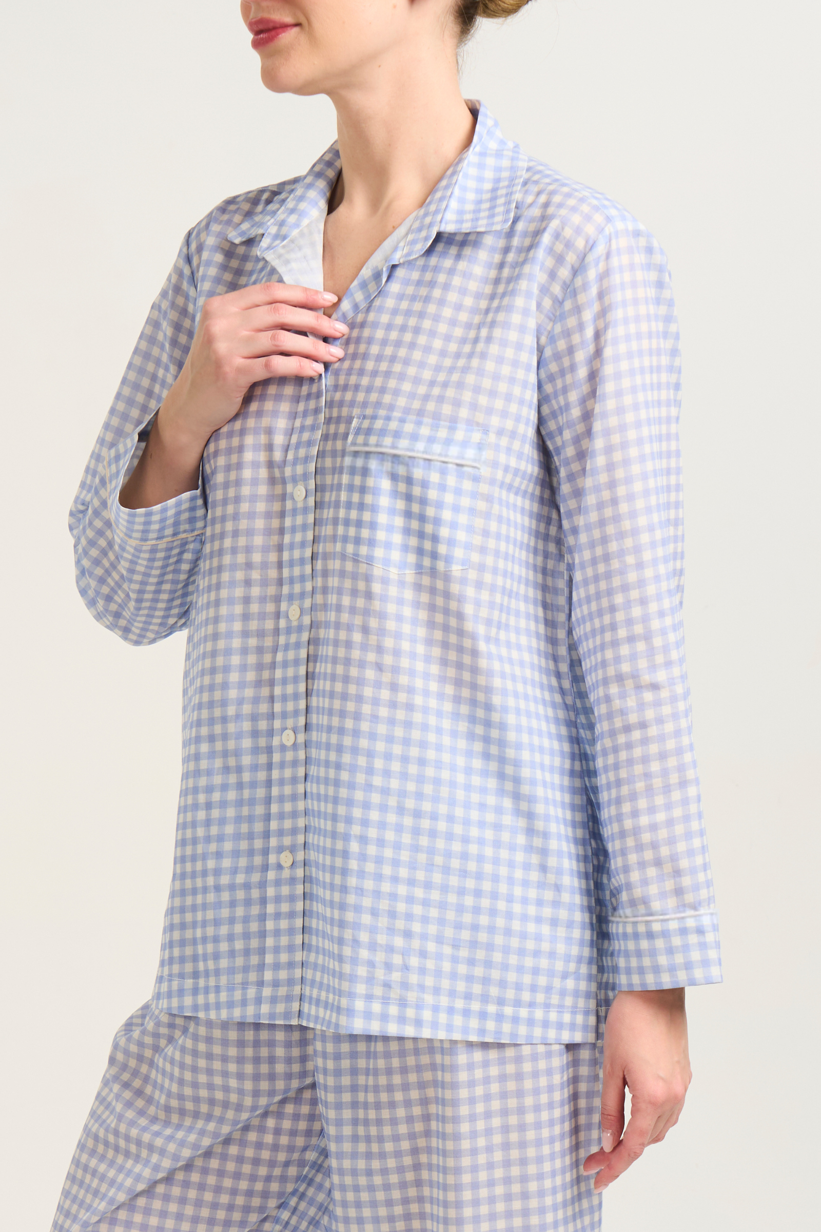 Long Sleeve Pajama Set - Blue Gingham Piped in Cream