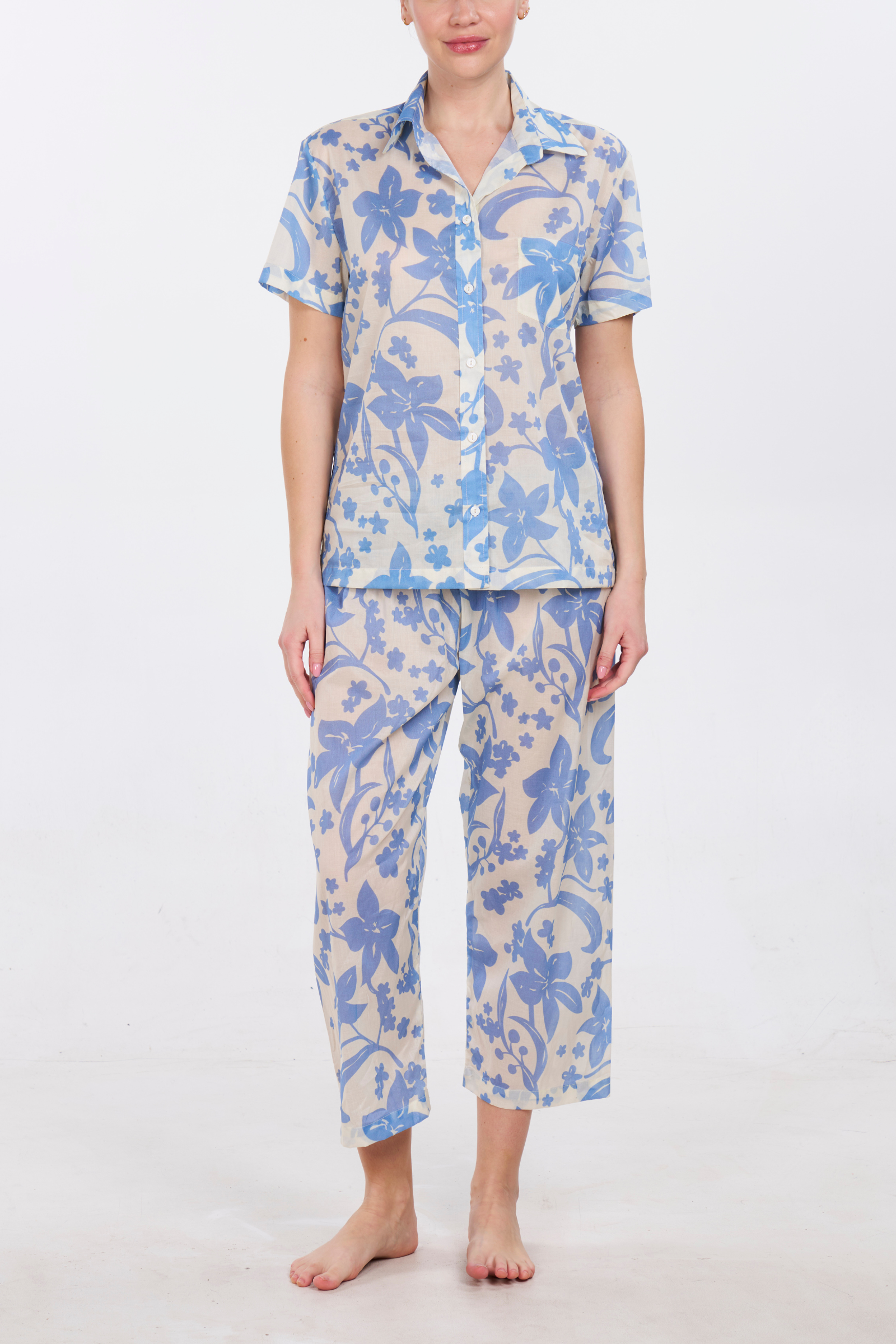 Short Sleeve Cropped Pant Pajama Set - Hawaiian Blue