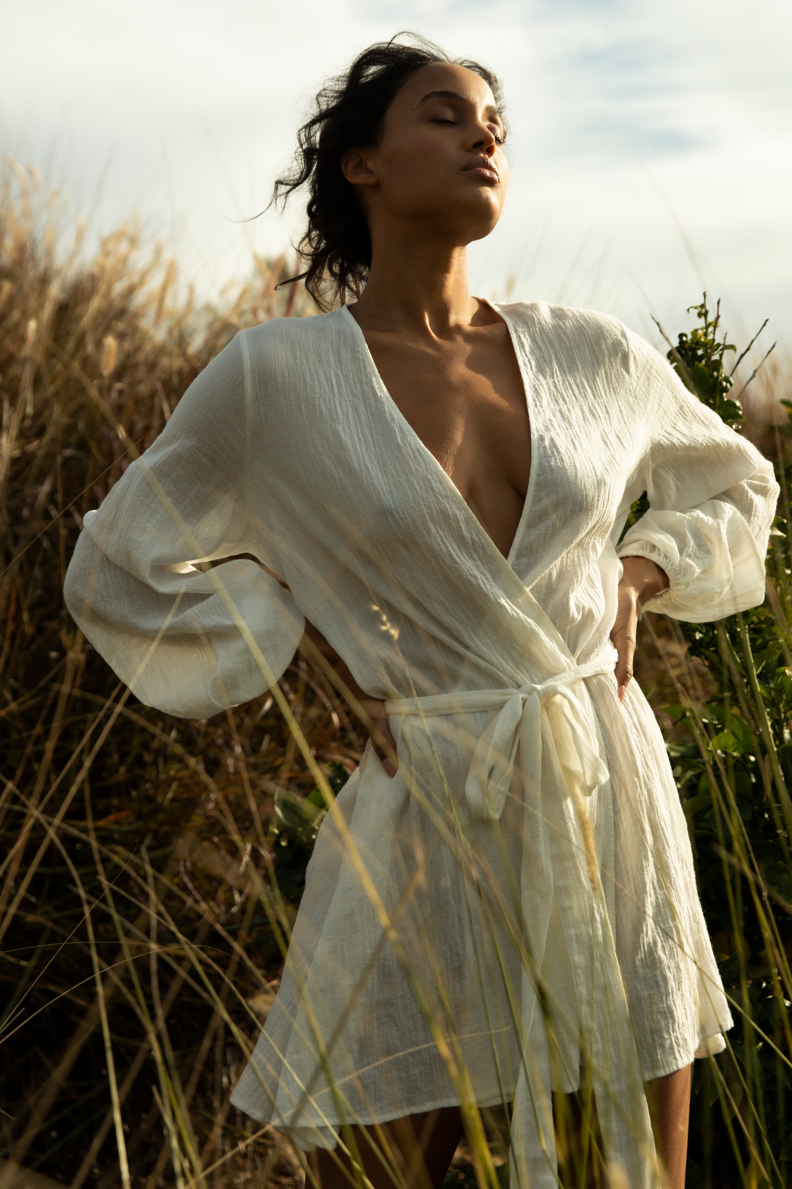 Short Organic Japanese Cotton Wrap Dress - Cream