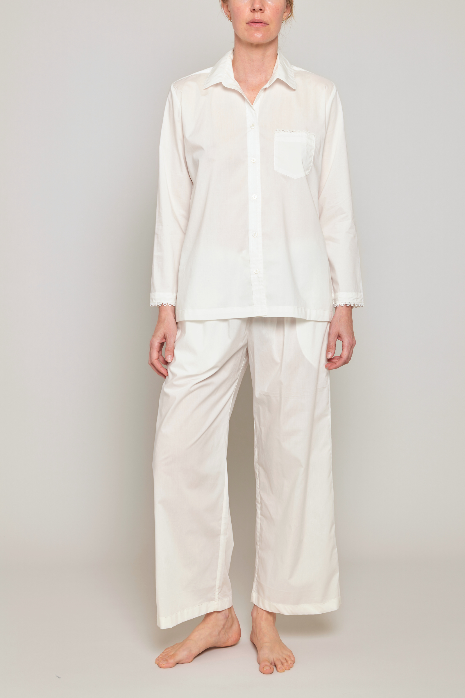 Flower Trim Pajama Set - White