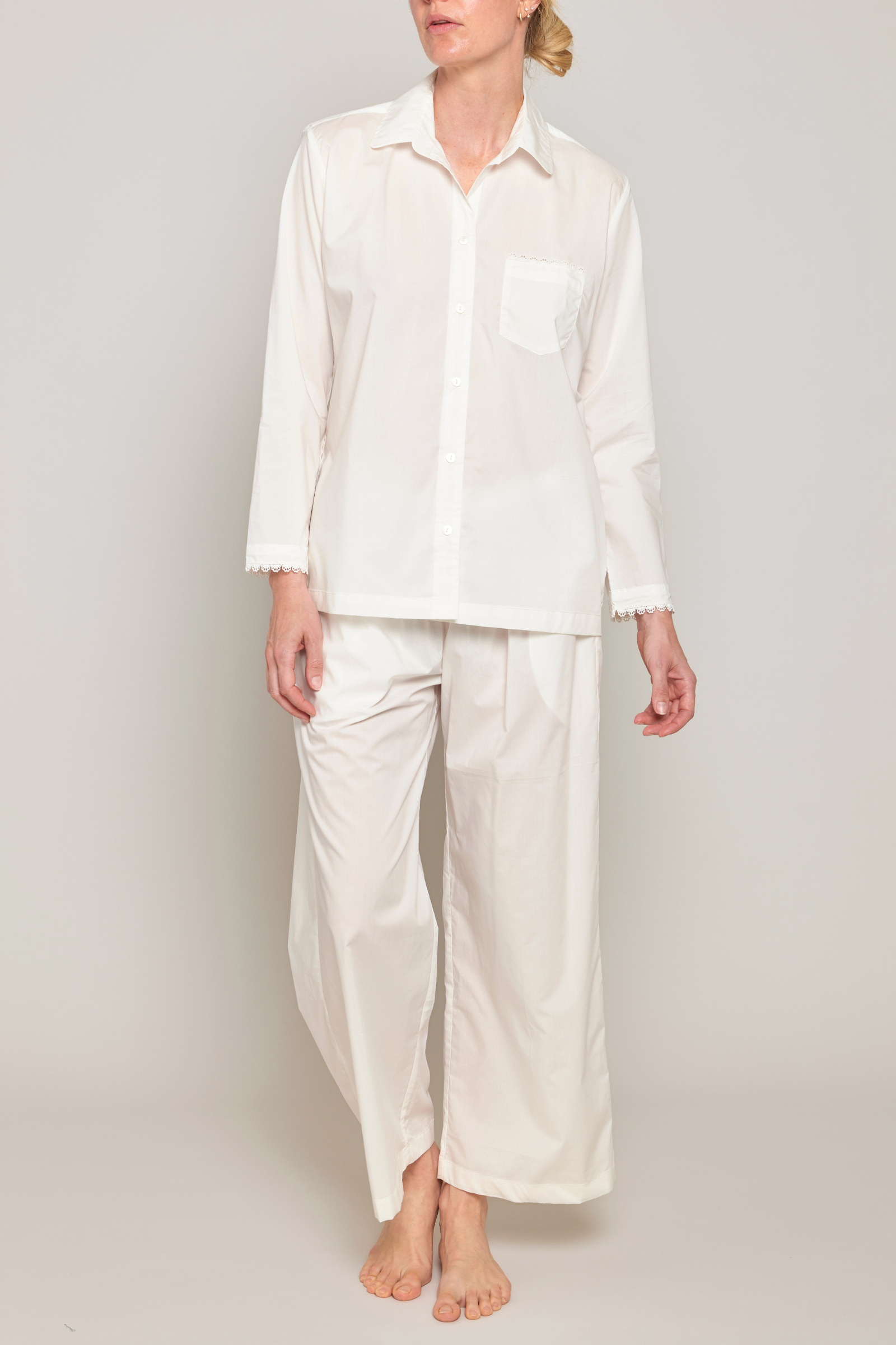 Flower Trim Pajama Set - White