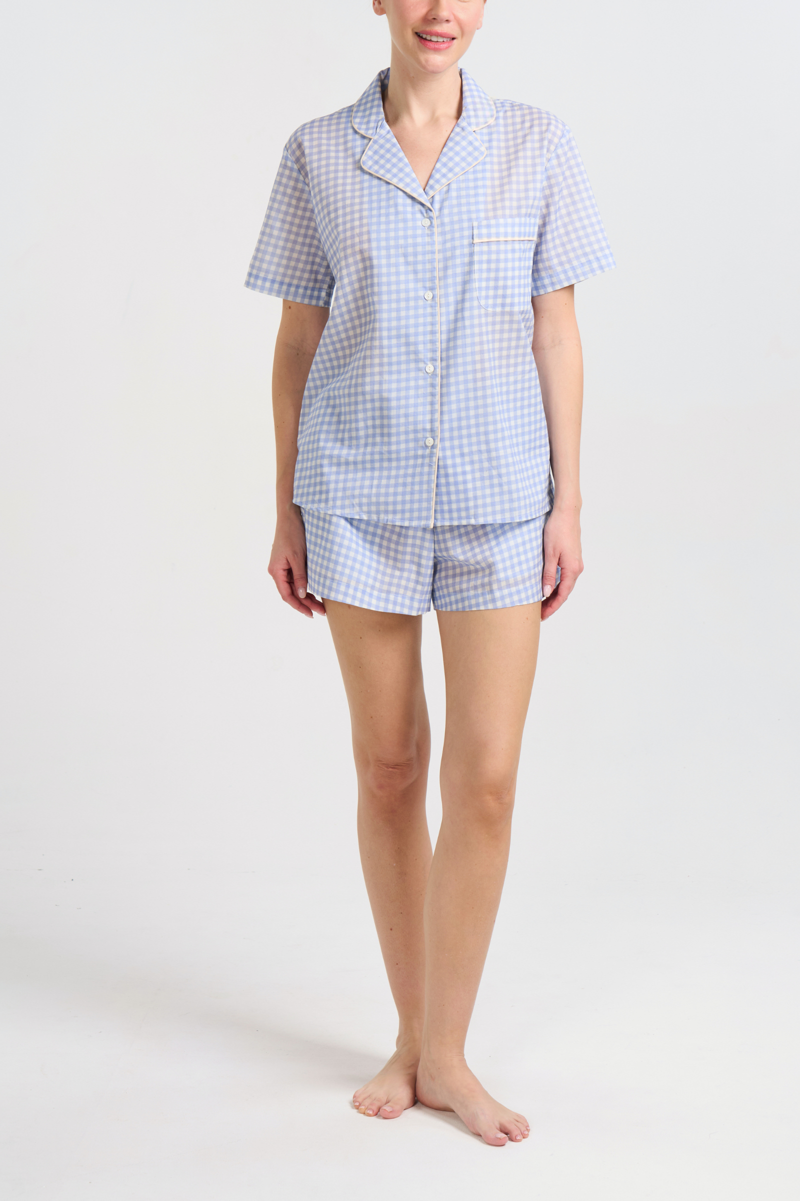 Classic Short Set - Blue Gingham Piped in Cream