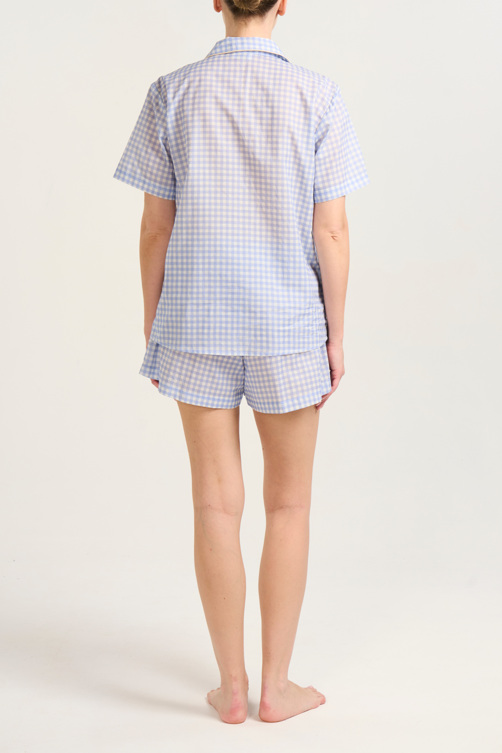 Classic Short Set - Blue Gingham Piped in Cream