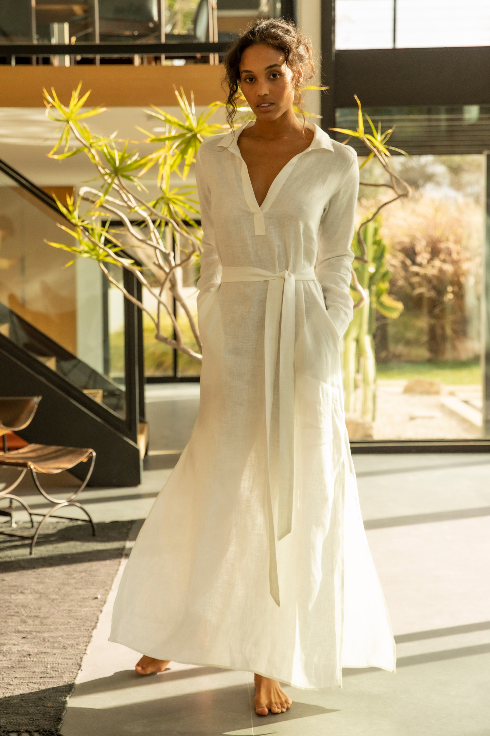 Long Linen Shirt Dress - Cream