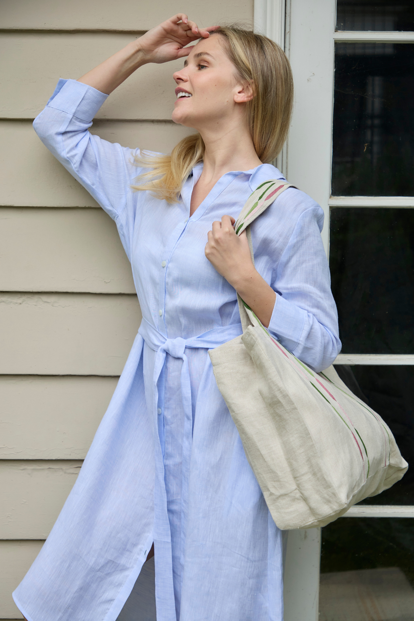 Linen Button Front Dress - Light Blue