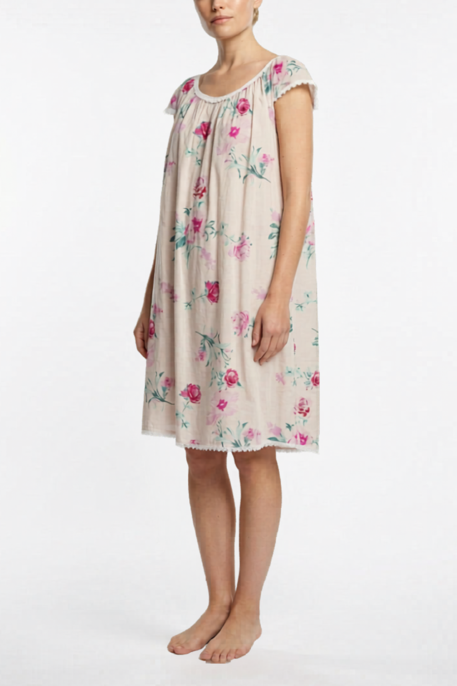Cotton Nightgown with Flower Trim - Roses