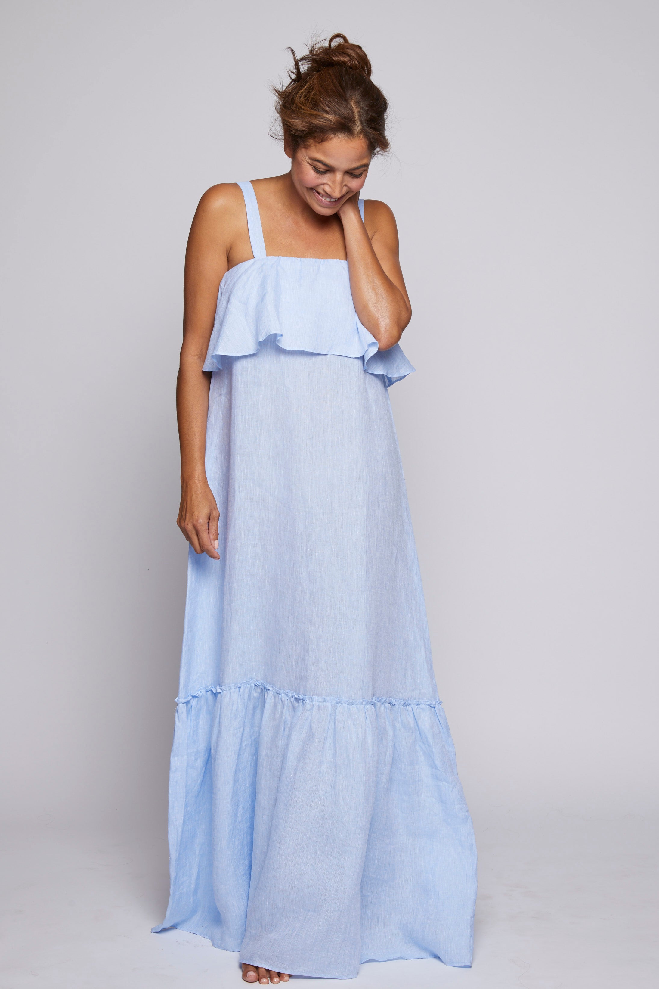 Double Ruffle Linen Dress -  Light Blue