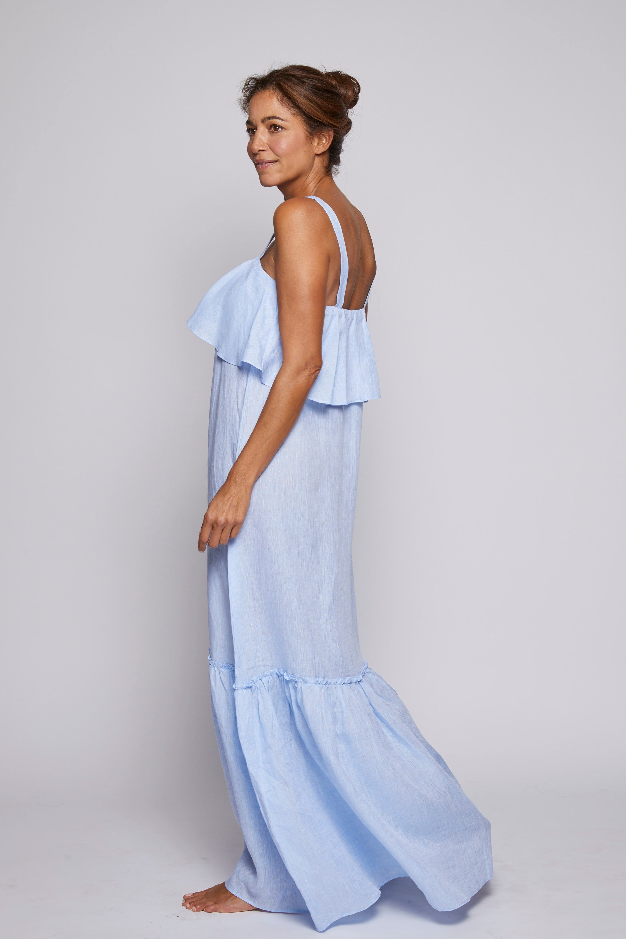 Double Ruffle Linen Dress -  Light Blue