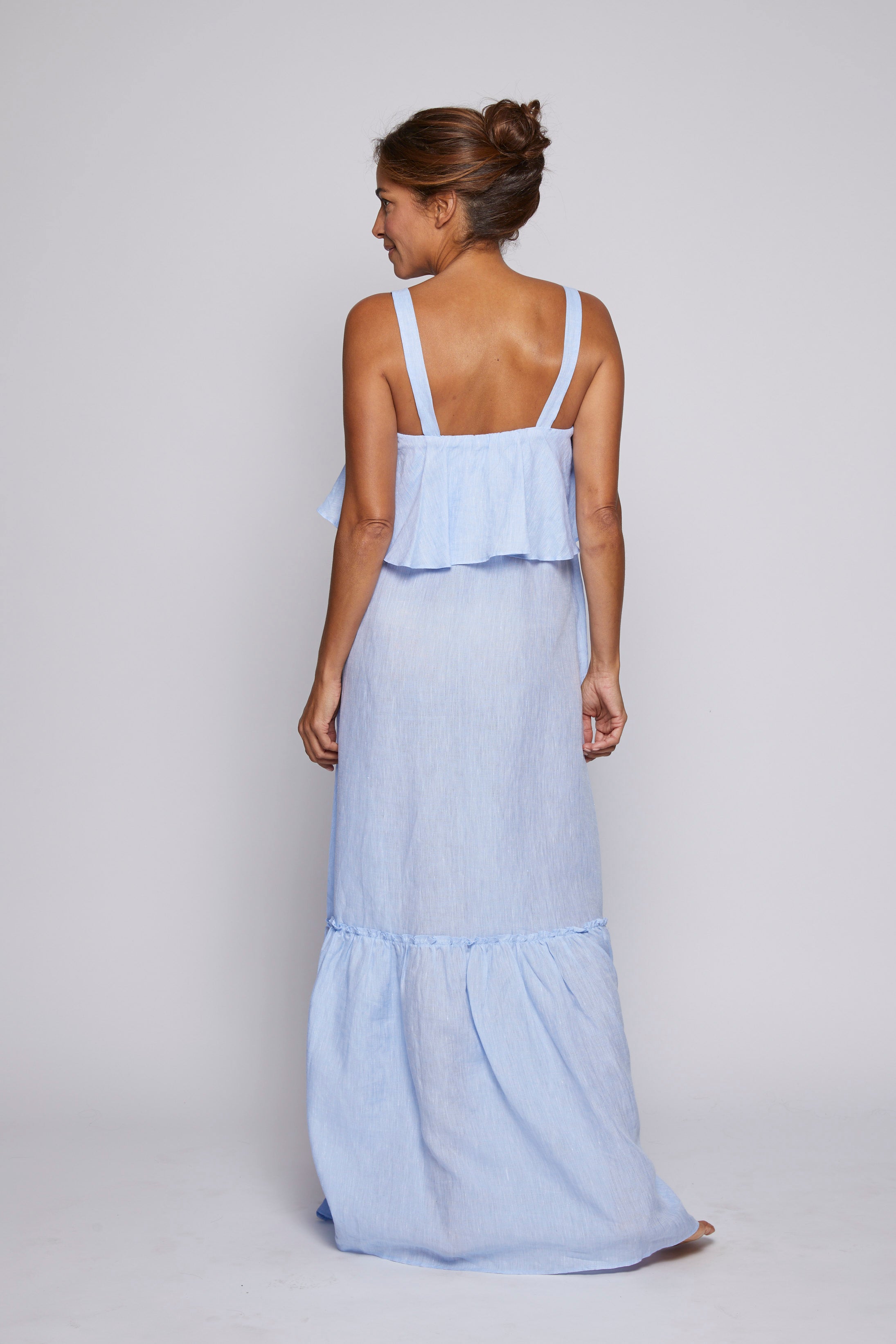 Double Ruffle Linen Dress -  Light Blue