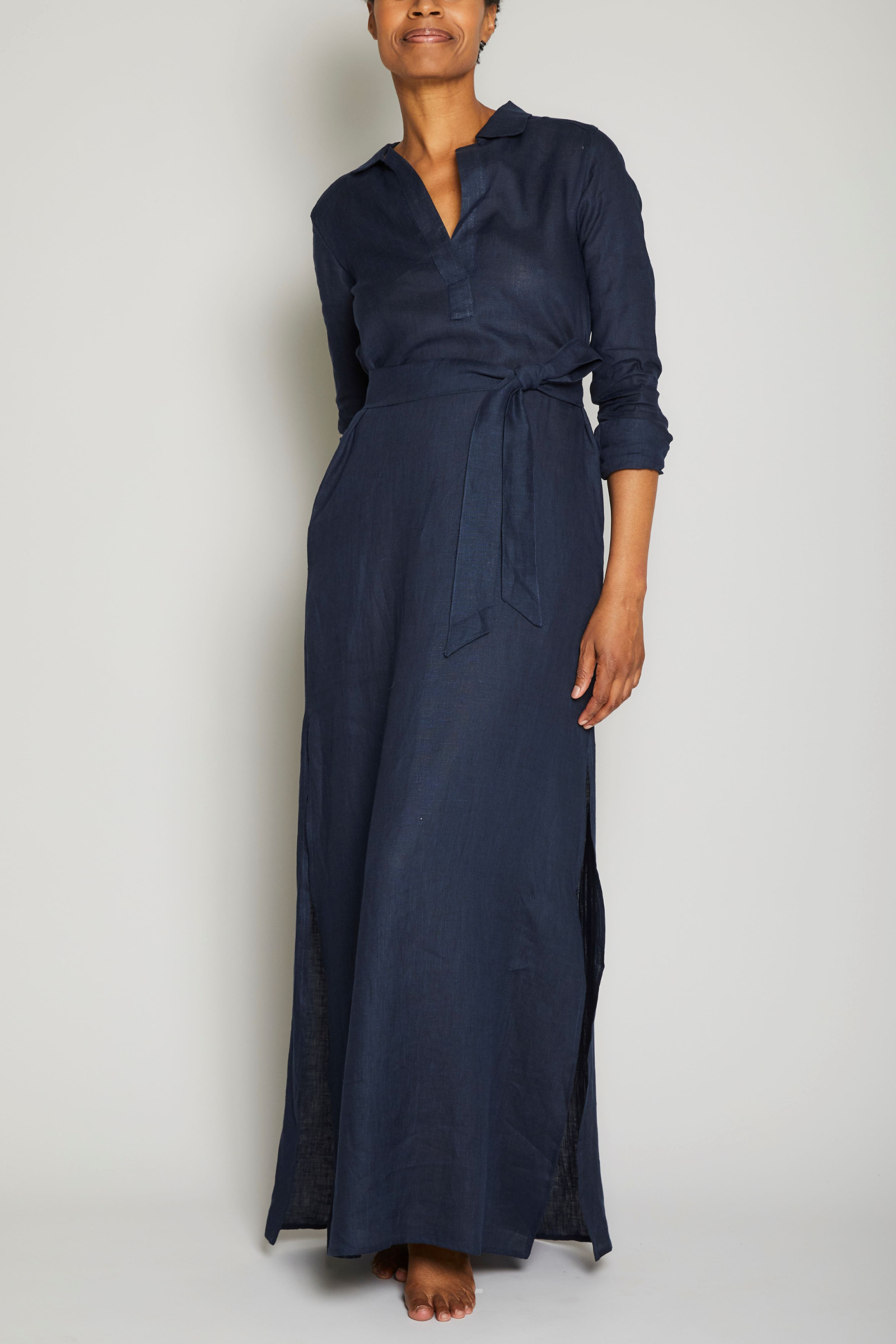 Long Linen Shirt Dress - Navy