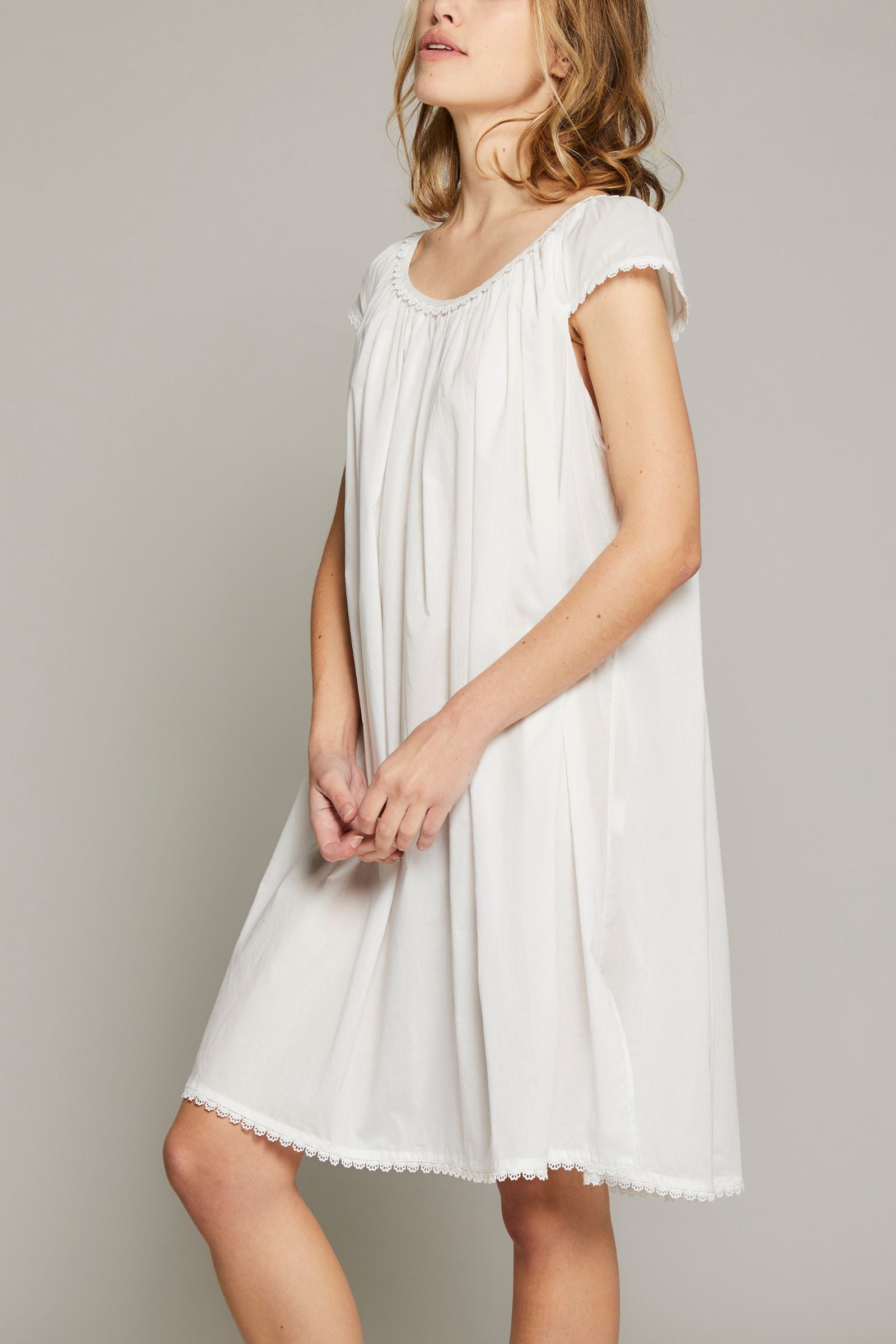 Cotton Nightgown with Flower Trim - White