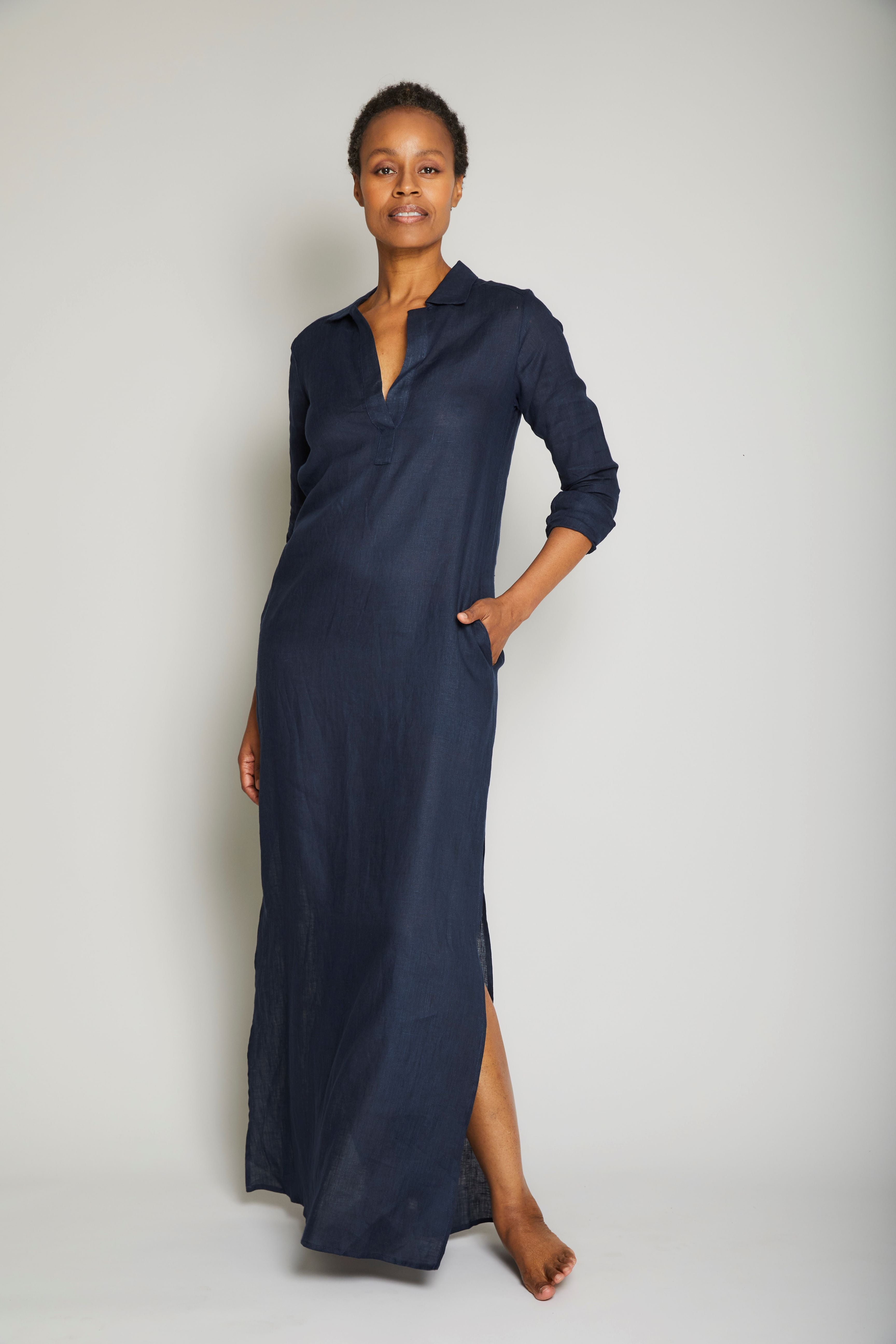 Long Linen Shirt Dress - Navy